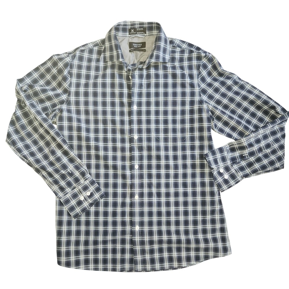 Nordstrom Mens Shop Trim Fit Black Watch Plaid Wrinkle Free Cotton Shirt Size L - Picture 1 of 4